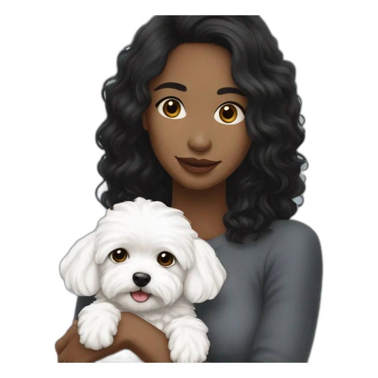 a long-blackish-haired woman hugging white maltipoo sticker