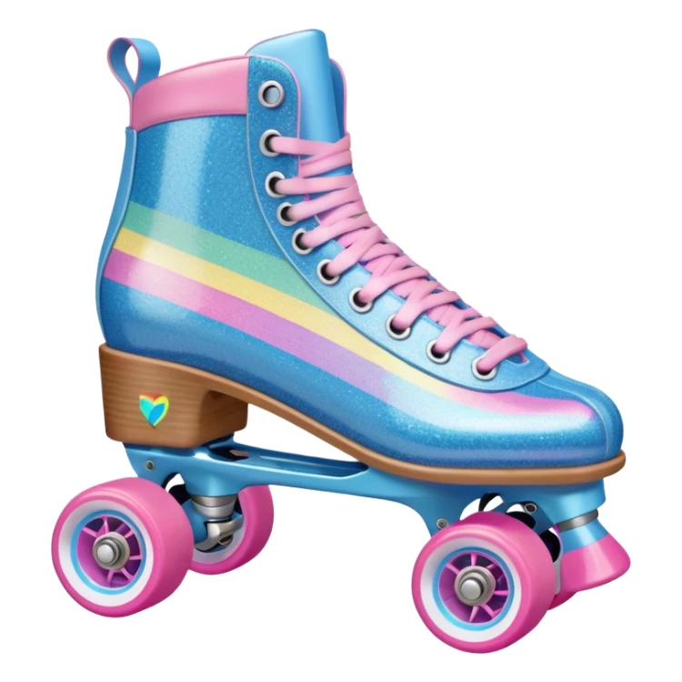 A vintage glitter roller skate with a white leather boot, rainbow stripes, and bright pink wheels. Add a pastel blue lace detail and a faint shadow for a classic 80s vibe.  ' sticker
