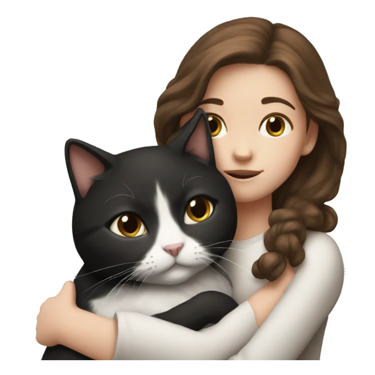 Girl with brown hair cuddling with black and white cat sticker