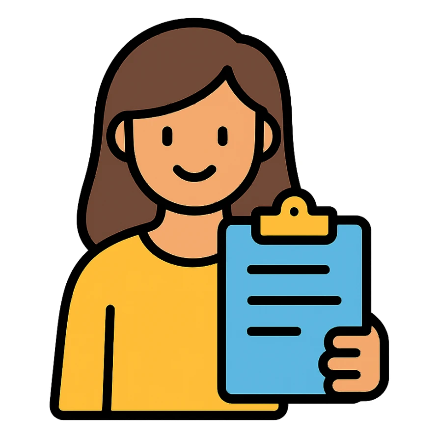 female character holding a clipboard, smiling, color outline icon style sticker