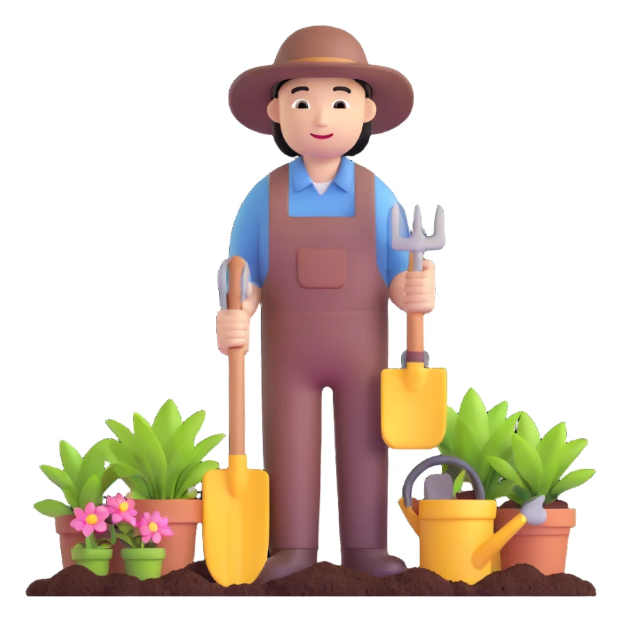 Asian gardener named Yong with gardening tools sticker