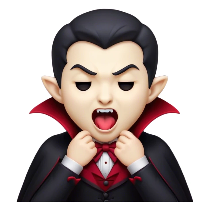 Cinematic Cute Yawning Vampire Portrait Emoji, with a small, rounded, charming pale face accented with tiny playful fangs and droopy, half-closed eyes, head tilted in an adorable wide yawn, dressed in miniature elegant dark attire with a hint of crimson, simplified yet irresistibly endearing, highly detailed with a soft, mysterious glow and gentle outline that captures the cute, drowsy side of an immortal! sticker