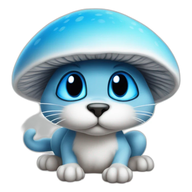 Old Blue smurf cat face with black eyes wearing a large white mushroom on his head sticker