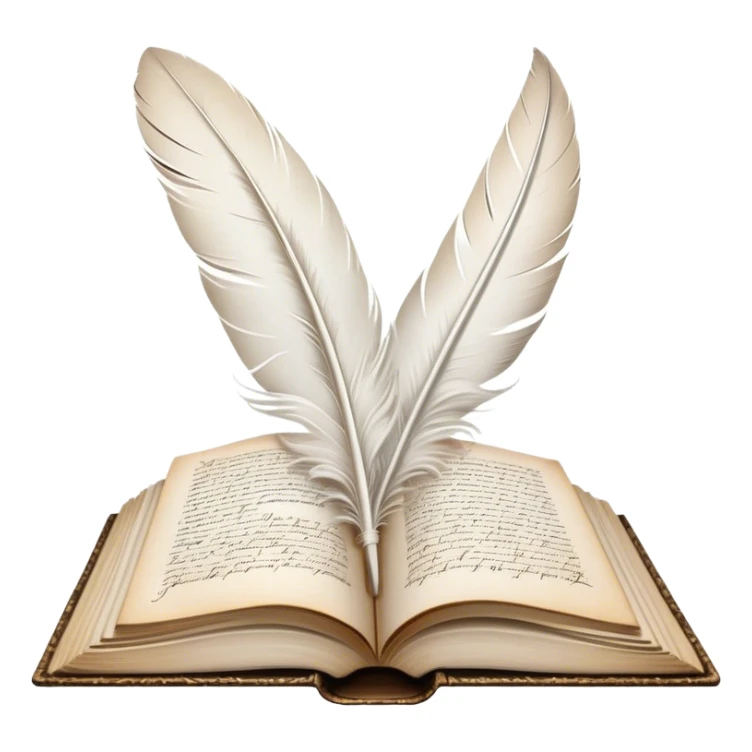 Create a poetic and elegant emoji representing poetry. The design should feature several vintage, gracefully flying pages with short, poetic columns written on them. A white feather quill should be depicted writing on one of the pages, with ink flowing smoothly. The pages should have a soft, antique look, with subtle details to convey the delicate nature of poetry. Use soft, light colors with a romantic, airy feel. Make the background transparent. sticker