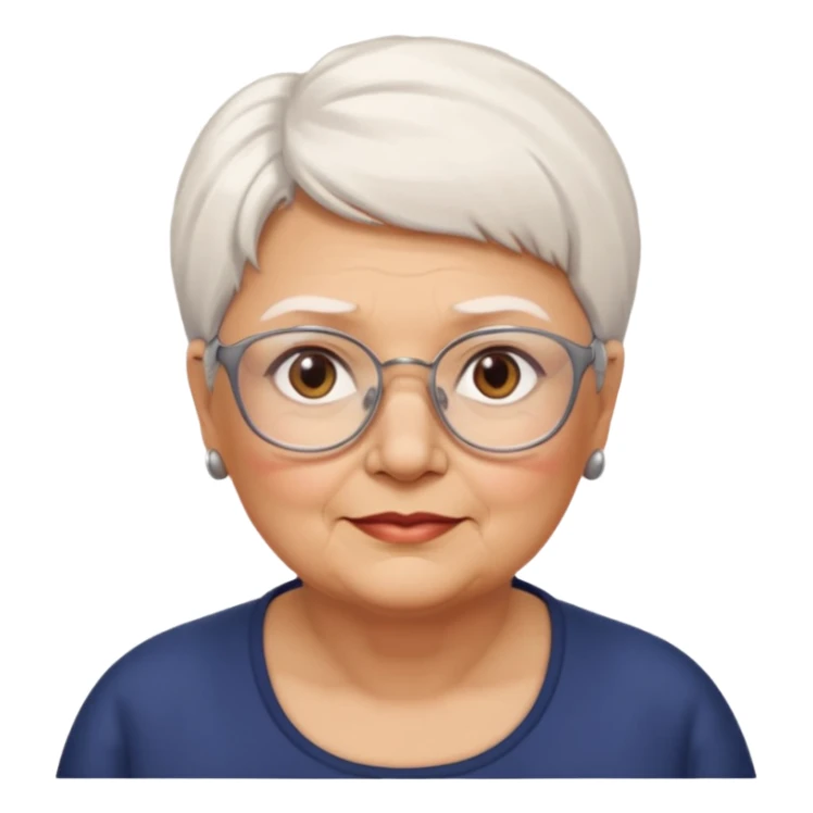 Create me emoji of an old mid-fat lady. Short white hair to left side. Square glasses. Brown eyes. Without any earings. Long head sticker