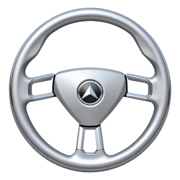 A futuristic steering wheel emoji made of silver chrome, minimal geometric design, smooth metallic surface, soft reflections, iOS emoji style, centered, clean white background sticker