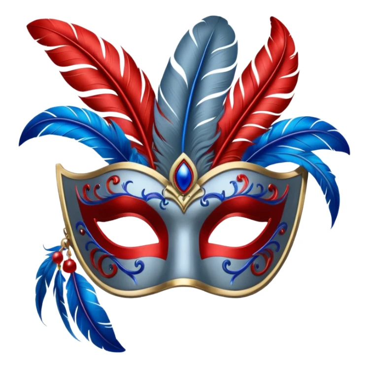 grey masquerade mask  with red and blue feathers sticker