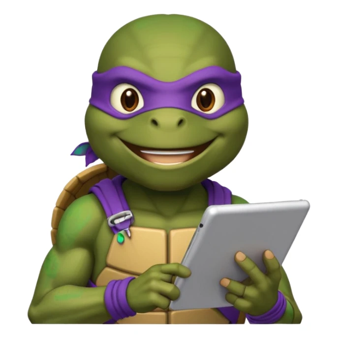 Donatello from Teenage Mutant Ninja Turtles, emoji style, using a tablet with a hacking screen sticker