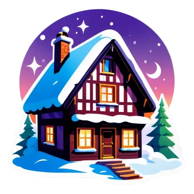 Schneebedecktes haus mit einem Glasdach Nordlichter am Himmel sticker