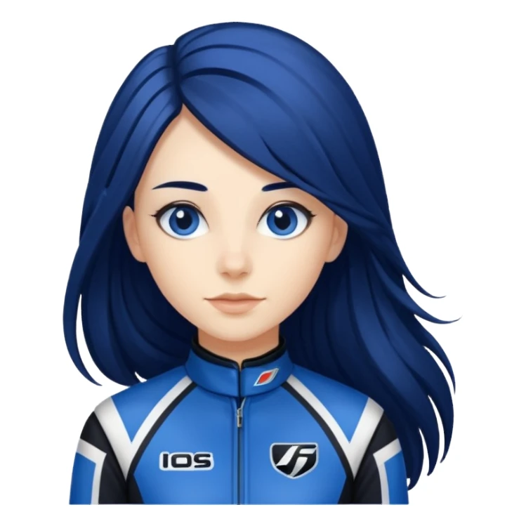 dark blue long hair woman with black racing outfit with blue strips sticker