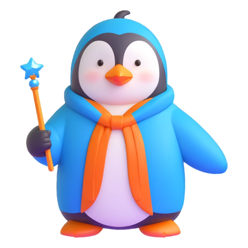 penguin wizard with a blue robe and sparkly wand sticker