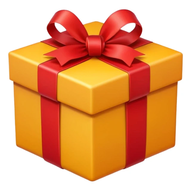 A square gift box tied with a bright red ribbon, in Apple iPhone emoji style. Vibrant colors, smooth gradients, glossy highlights, clean simple shapes, no outlines, slight 3D depth. sticker
