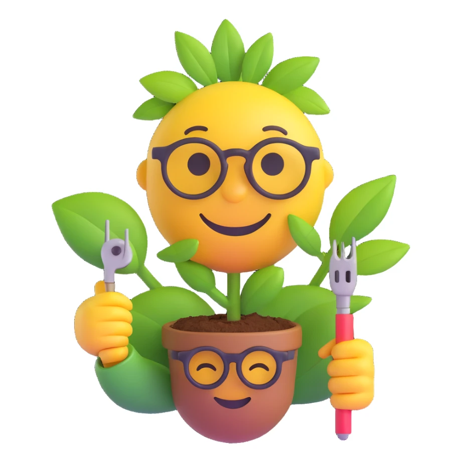 3D smiley emoji, round shape, agricultural engineer: holding a plant and measuring instrument, with the text "Agrármérnök" on it sticker