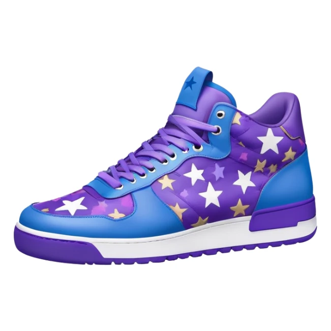 Bape sneaker with star pattern, blue and purple colorway, low top athletic shoe with ape head logo sticker