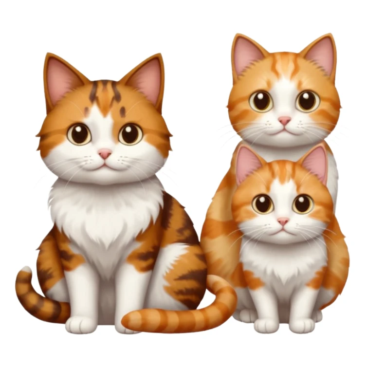 3 different coloured small cats including a dark brown tabby and white, and a patchy calico, and a ginger and white sticker