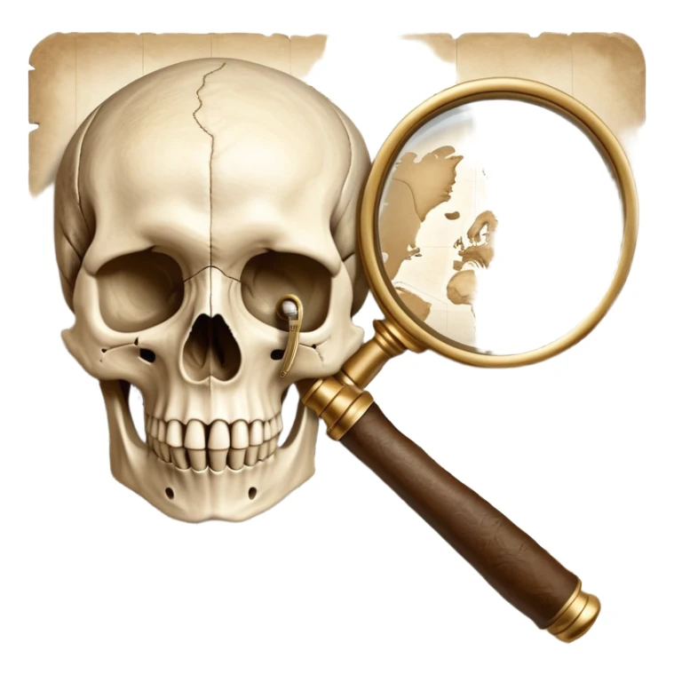 An icon featuring a human skull and fossils, representing anthropology. The design includes a magnifying glass and a map of ancient human migration paths, symbolizing the study of human evolution and cultures. Transparent background highlights the scientific exploration of humanity’s past. sticker