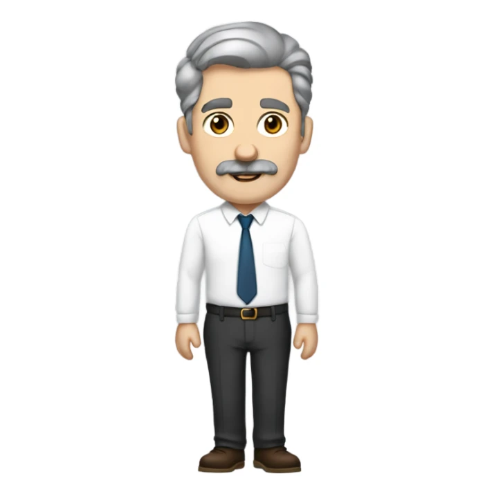  man with blue eyes, dark grey hair, a thick brown-grey mustache, wearing a white shirt, black dress pants, beige loafers, and an expensive watch sticker