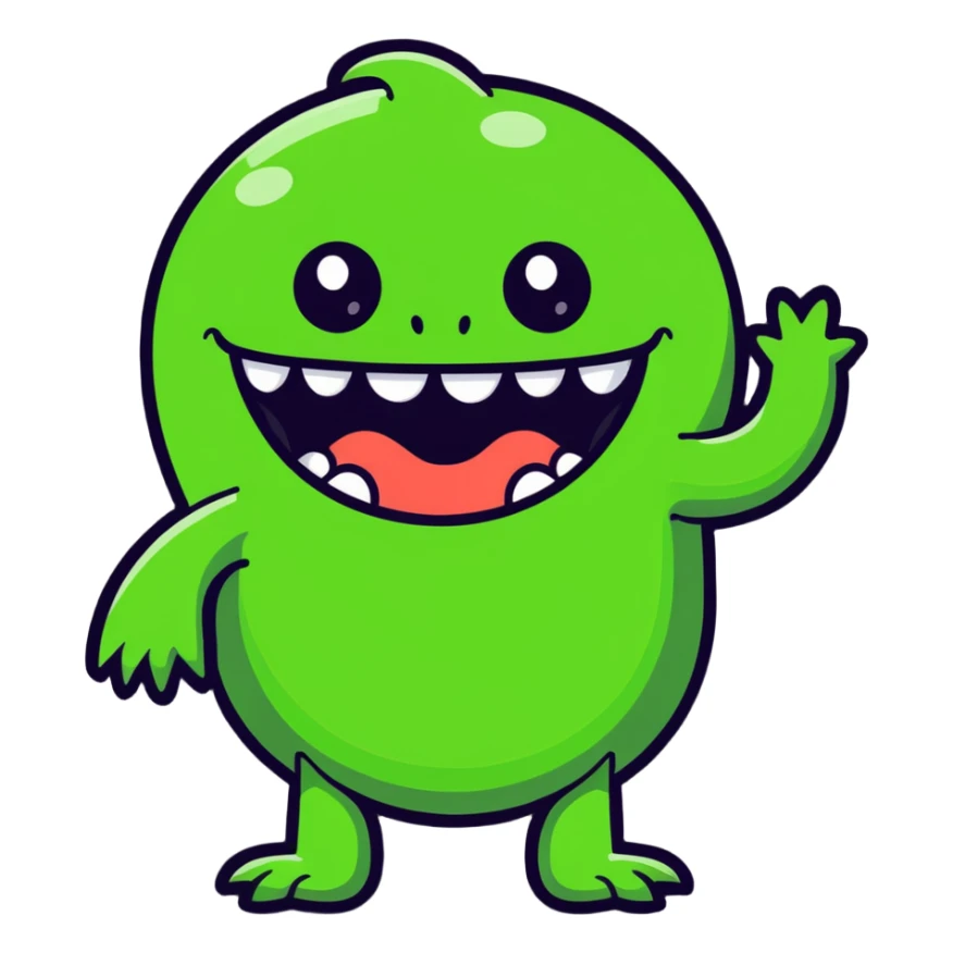 silly green monster, no teeth, wavy arms, friendly look sticker