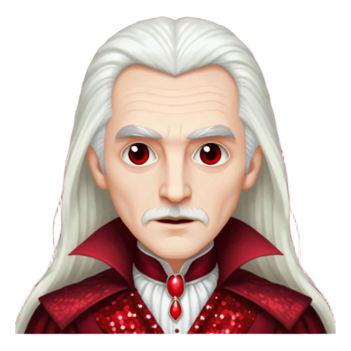 Count Dracula from Universal Monsters with long white hair, dark red sequin outfit sticker