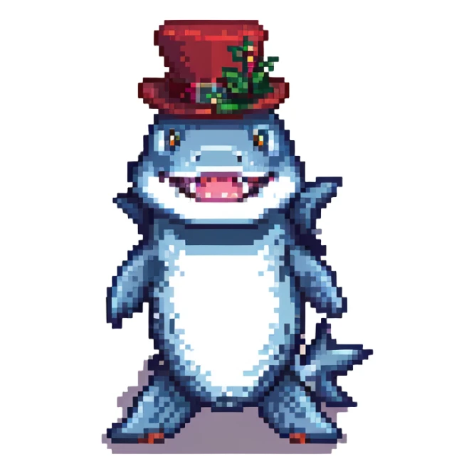pixel art shark with a fancy tophat, simple shading sticker