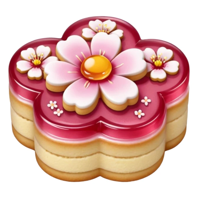 Realistic shortbread cookie in the shape of a cherry blossom with pale pink color jelly middle filling and sprinkled powder sugar on top. sticker