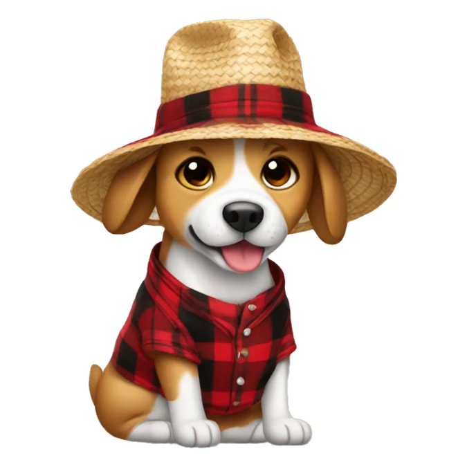dog happy with straw hat and red plaid outfit sticker