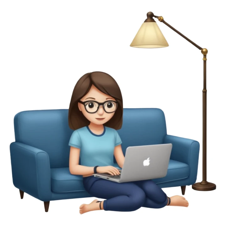 A girl is working with a laptop while lying on a sofa, with a floor lamp to the right. sticker