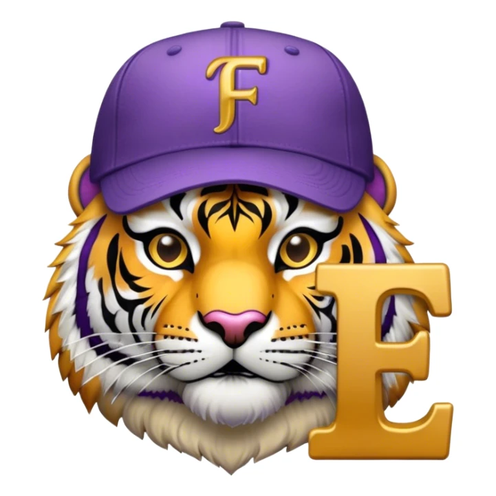 Purple and gold tiger with baseball hat on with letter F  sticker