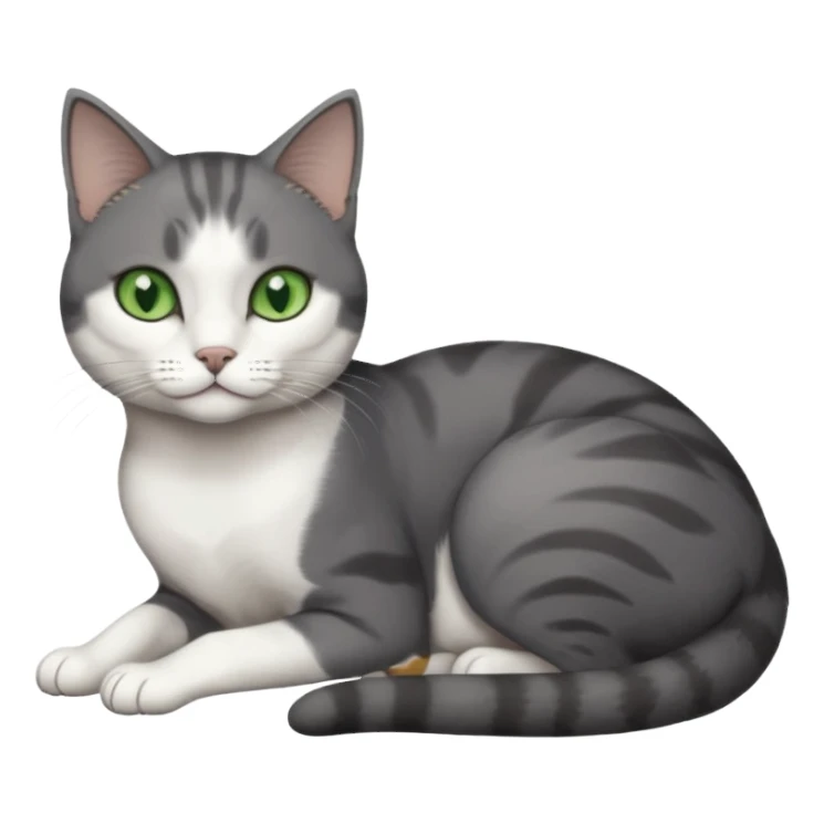 full body tiny short hair dark grey and white cat with white front legs and green eyes lying down sticker