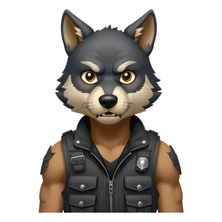 A black anthropomorphic wolf with white marks, he is wearing a muzzle, and his ears are standing up with a variety of piercings. He has a black tactical vest on, and he is in a grumpy mood, his arms just hanging by his side sticker