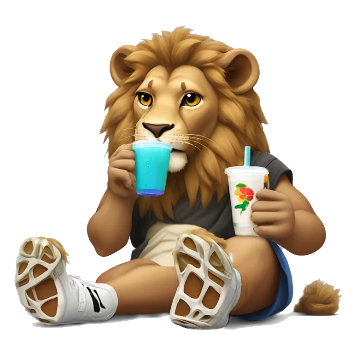 Lion drinking boba tea wearing a Nike tech and jordans  sticker