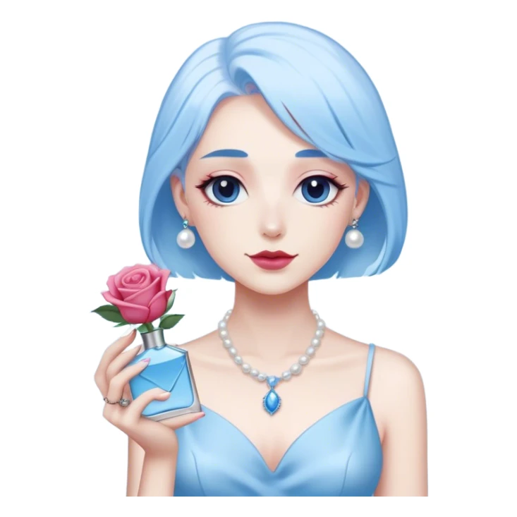 white-blue. rose next to a pearl-colored envelope and a flacon of aesthetically pleasing perfume in powder blue  sticker