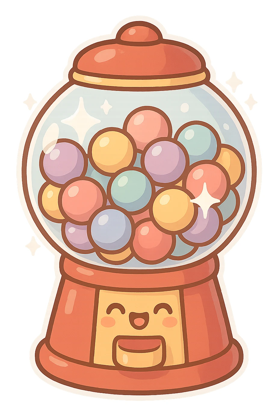 chibi sticker-style bubble gum machine with sparkles, cute and exaggerated sticker