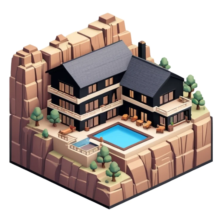 Grand Canyon lodge, isometric exterior, dollhouse-style, realistic sticker
