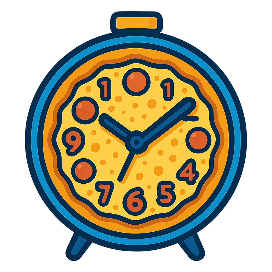 a clock shaped like a pizza, with pepperoni as the numbers, fun and clear style sticker