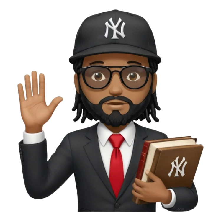 African American man with black beardwith shoulder length black dreadlocks wearing black sunglasses wearing a New York Yankees logo baseball cap wearing a black suit with white shirt and red tie with a Bible in right hand with left hand raise out sticker