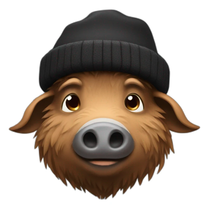 Sad brown stubble boar in a black winter hat sticker