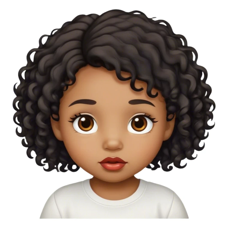 medium brown skin tone, very adorable toddler, with big plump lips, long long lashes, black curly long hair, brown eyes, white shirt sticker