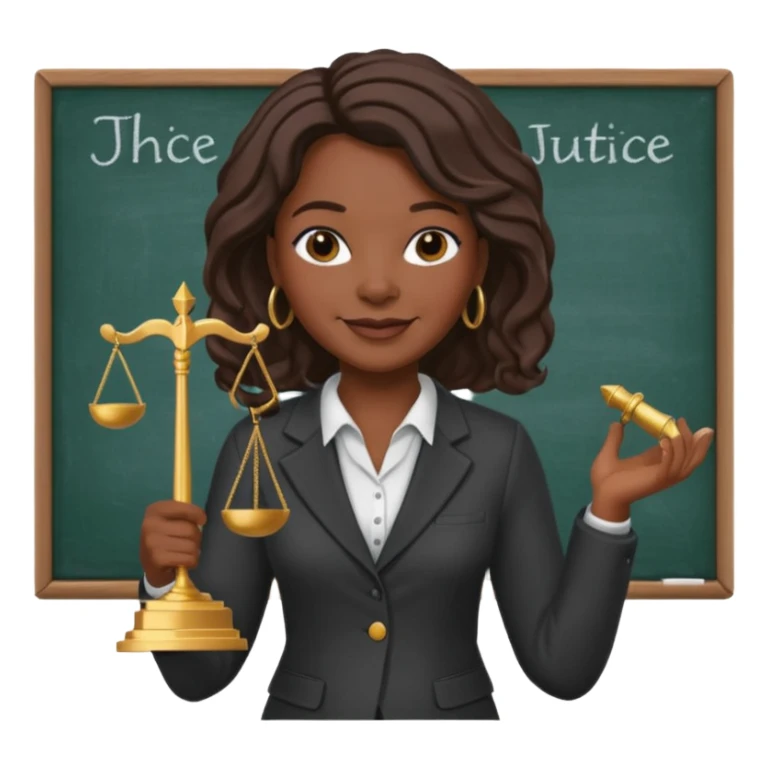 Black teacher/professor looking like the fictional character Annalise Keating from How To Get Away With Murder, holding a statue of justice and with a school black board in the background sticker