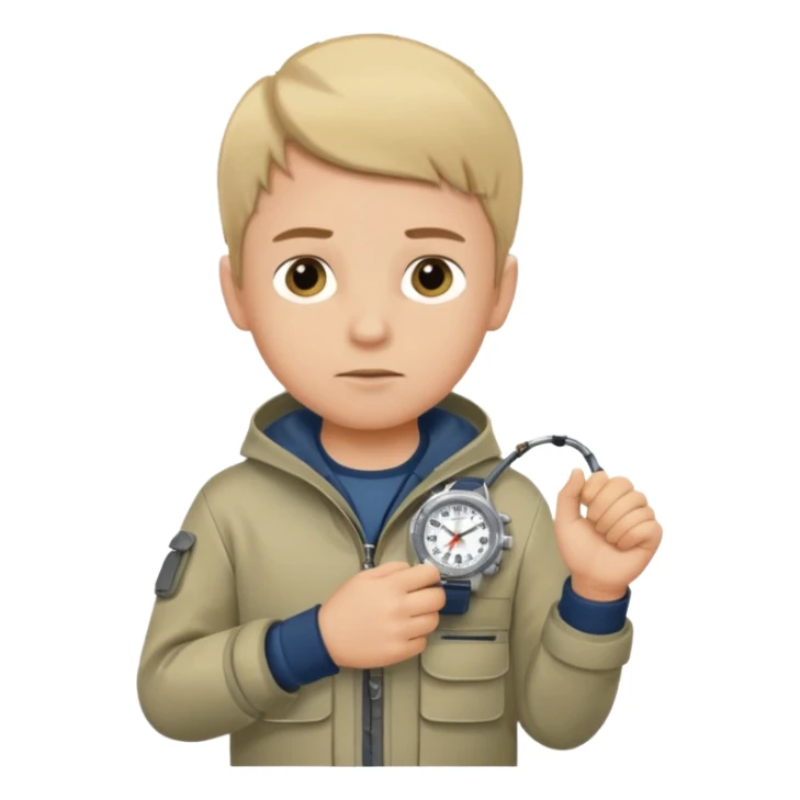 Boy in fishing suit looking at his wristwatch sticker