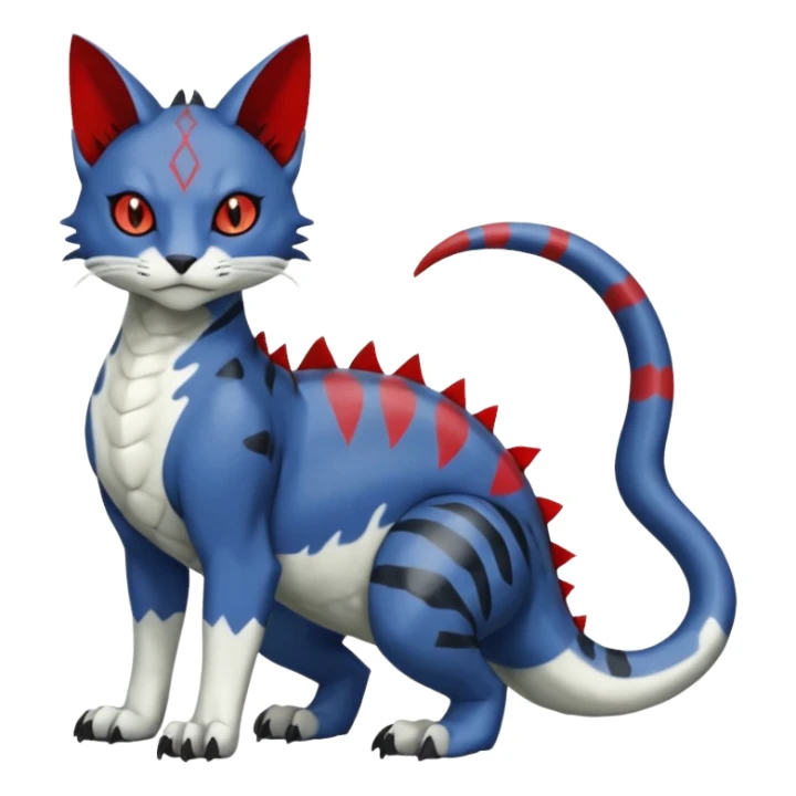 Dark-greyish-blue-grey-black, with red markings, white belly, scaley Bastet-Noibat-Gatomon-Digimon-Fakémon-Pokémon-creature (full body) sticker
