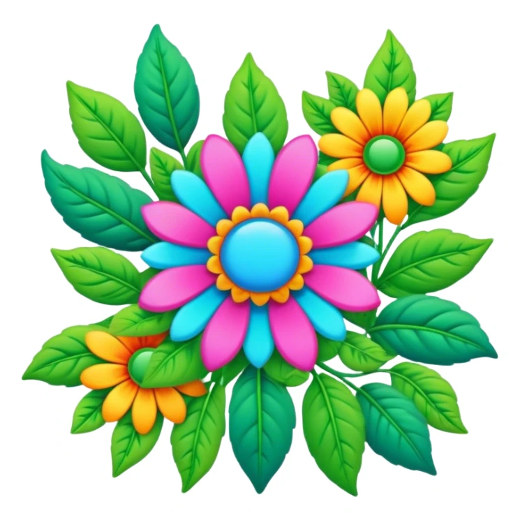 3D, psychedelic colored hippie style flower border with leaves sticker