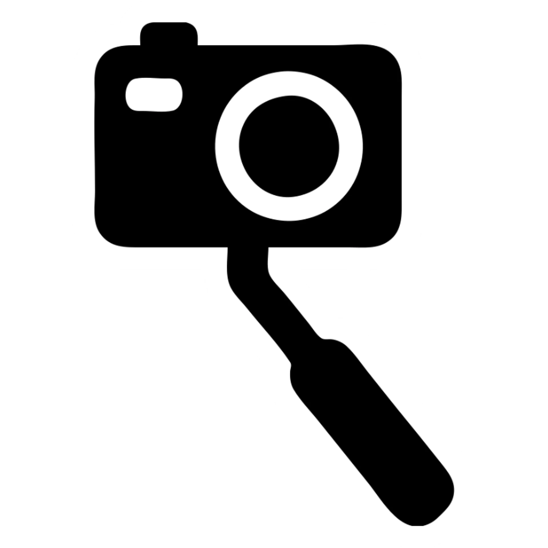 A camera in a black filled icon style, with a selfie stick. sticker