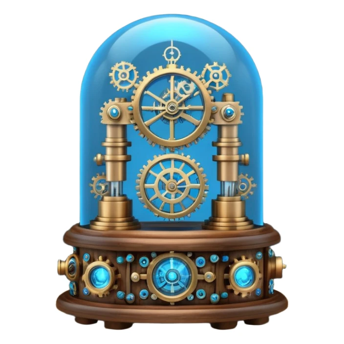 Portrait of a steampunk-style time machine with brass gears, glowing blue core, and glass dome sticker