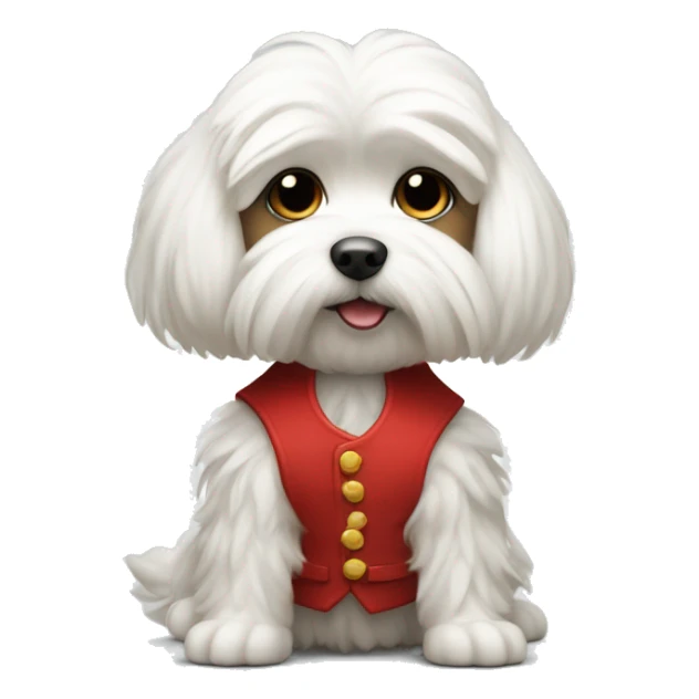 Maltese wearing a red vest with to bleck straps one in the front one around the belly  sticker