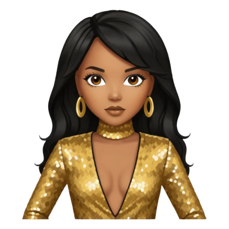 LeToya Luckett with long black hair, gold sequin outfit sticker