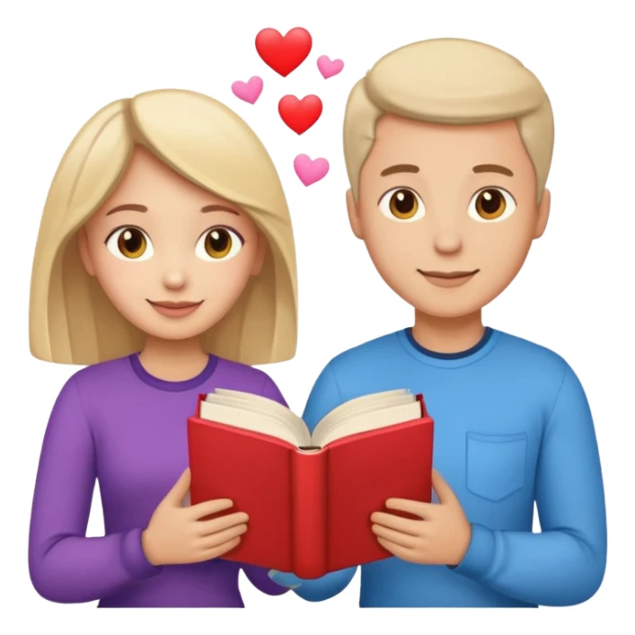 A man and a woman facing each other, both holding a single book together. From the book, colorful heart emojis are popping out playfully, creating a cheerful and romantic atmosphere sticker