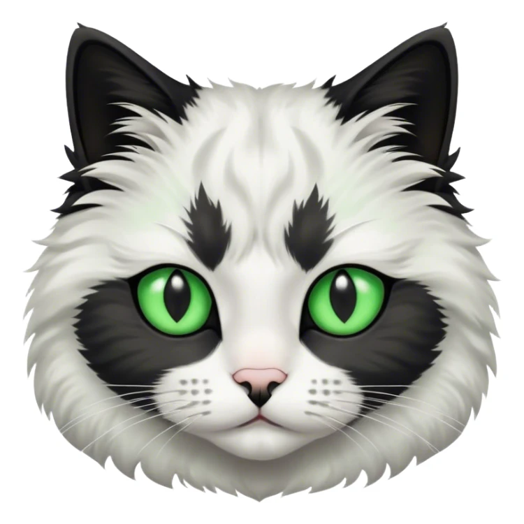 This fluffy cat has a black and white coat with a white face marked by a black patch over the forehead, bright green eyes, and a black nose bridge sticker