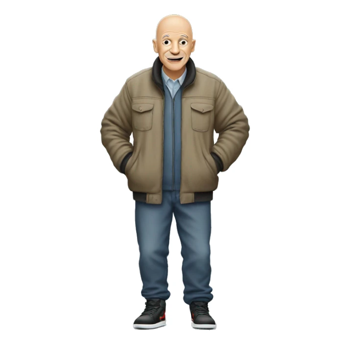 Old men(50 years old), bald, wearing Jordan 1 with a Perfect fit  sticker