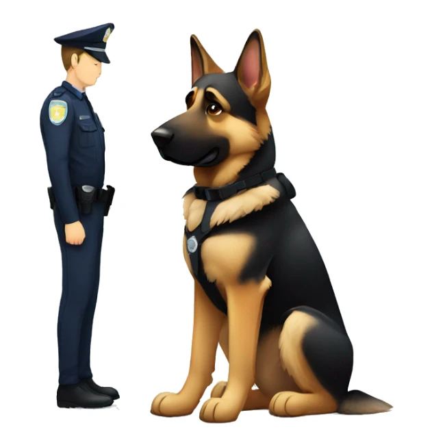 Sad German shepherd sitting with police officer sticker